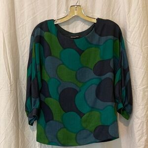 Marimekko Maija Isola’s “Pieni Villikaali” Woven Wool Top in Greens & Blues